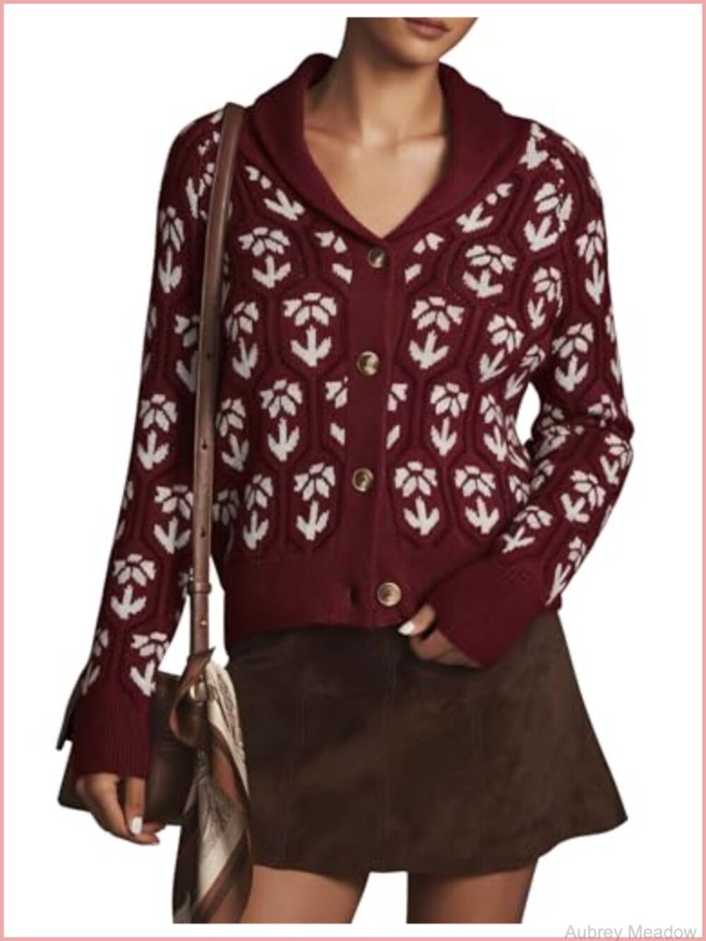 Floral Cropped Cardigan Shawl Collar Button Down Knit Sweater